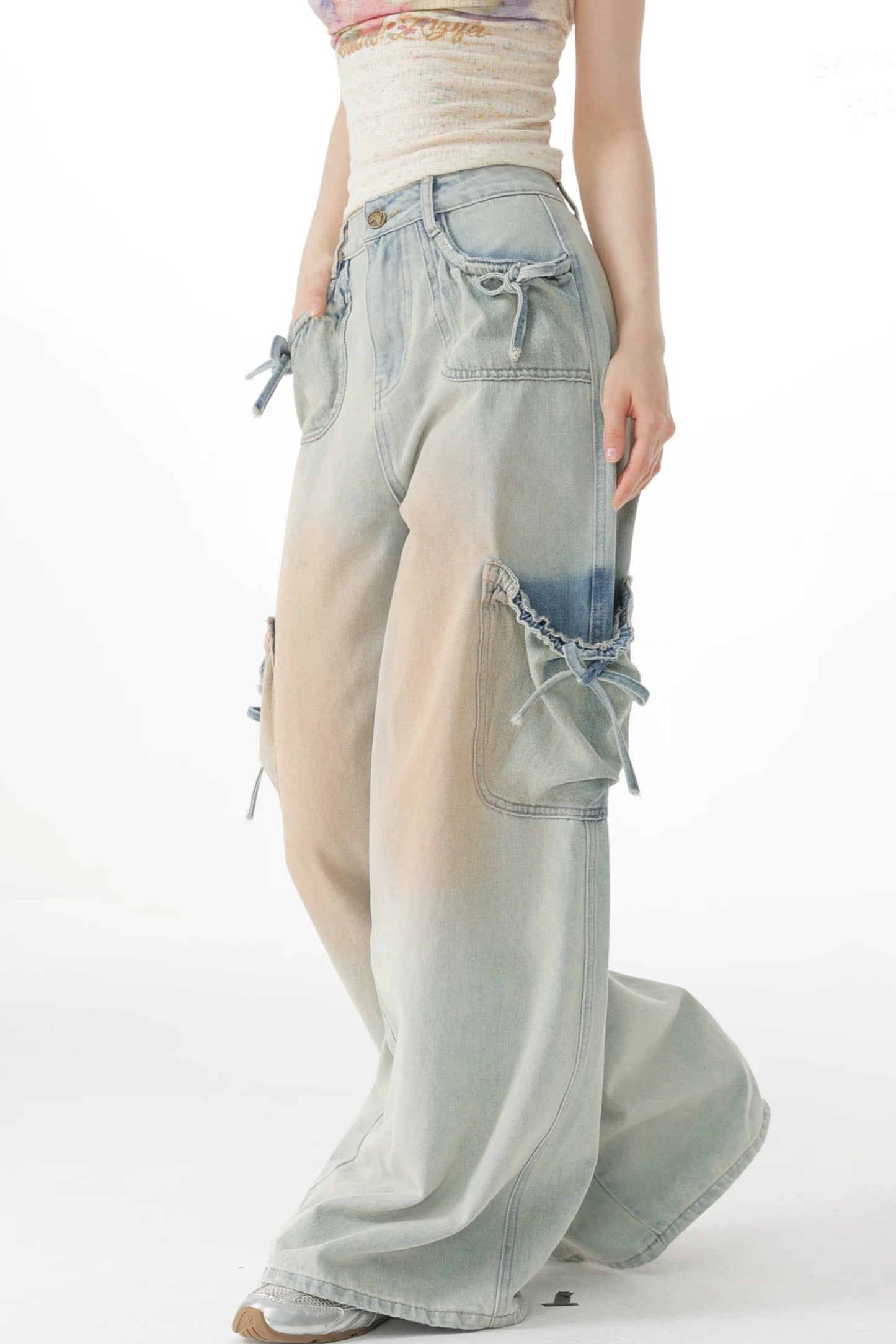 High-Waisted Bow-Knot Wide-Leg Denim Pants