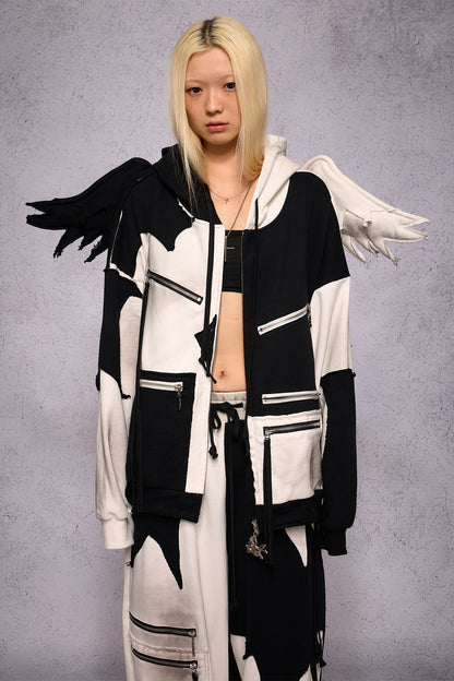 Distressed Black White Angel Zipper Hoodie