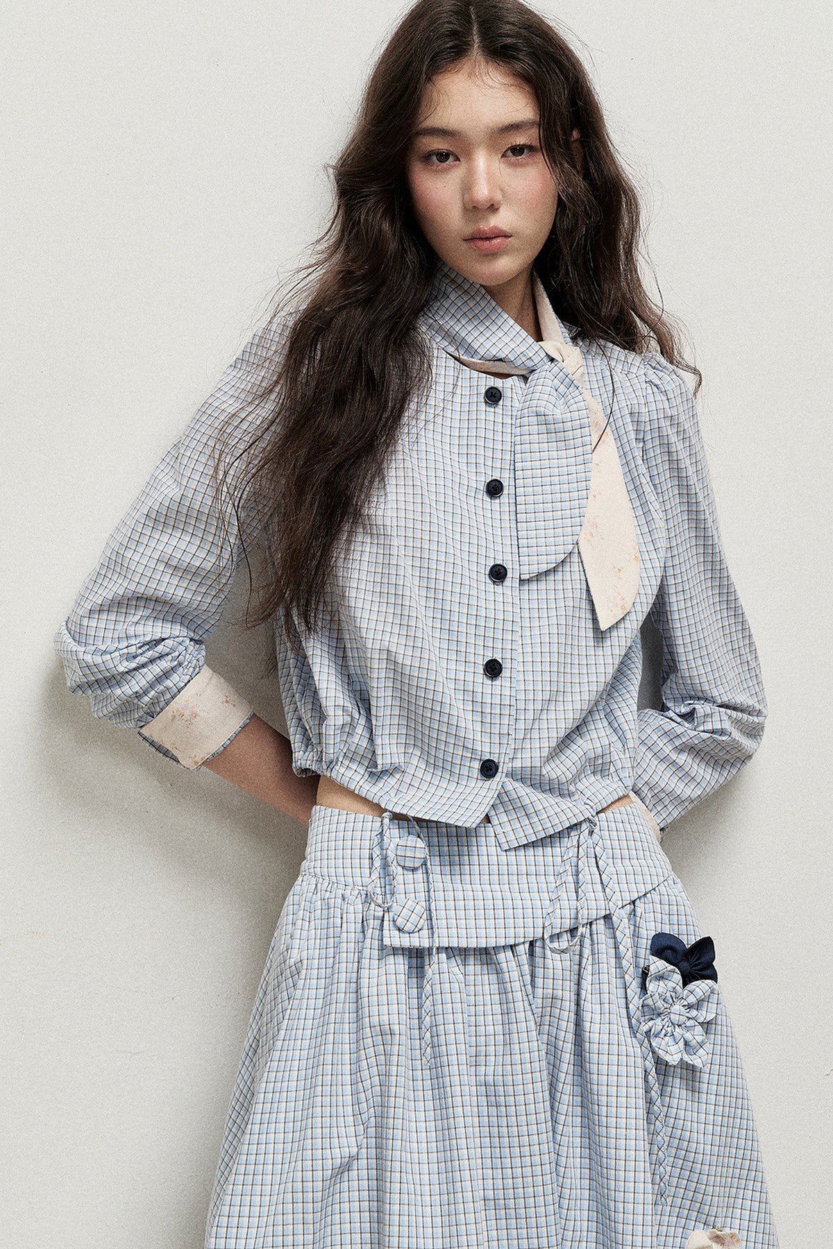 Plaid Contrast Ribbon Shirt and Skirt Set-Up