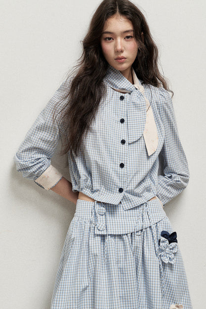 Plaid Contrast Ribbon Shirt and Skirt Set-Up