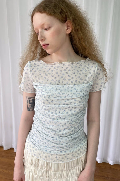 Light Blue Floral Mesh Top