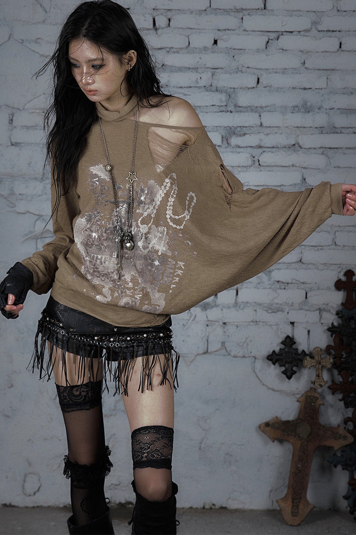 Ripped Off-Shoulder Punk Print Knit Top