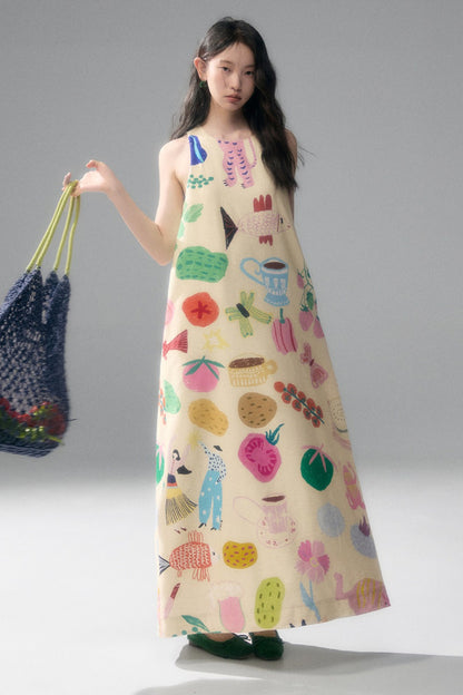 Hand-Painted Fruit Vegetable Print Sleeveless Vest Dress