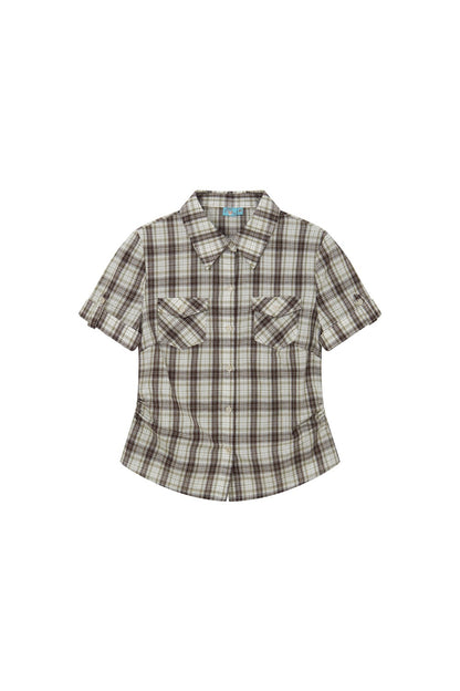 Color-Block Pocket Plaid Blouse