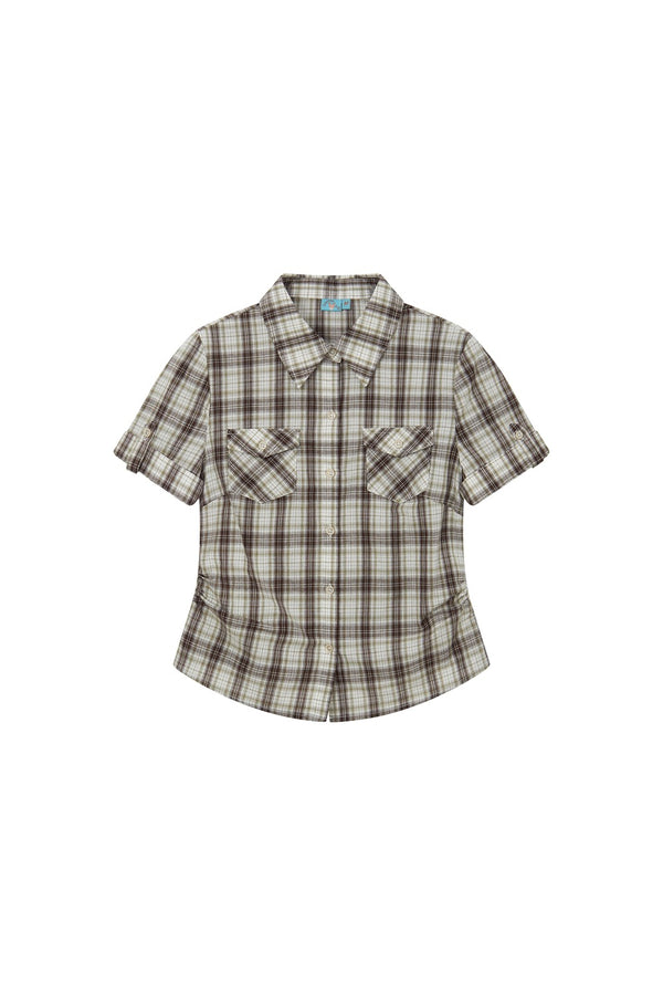 Color-Block Pocket Plaid Blouse