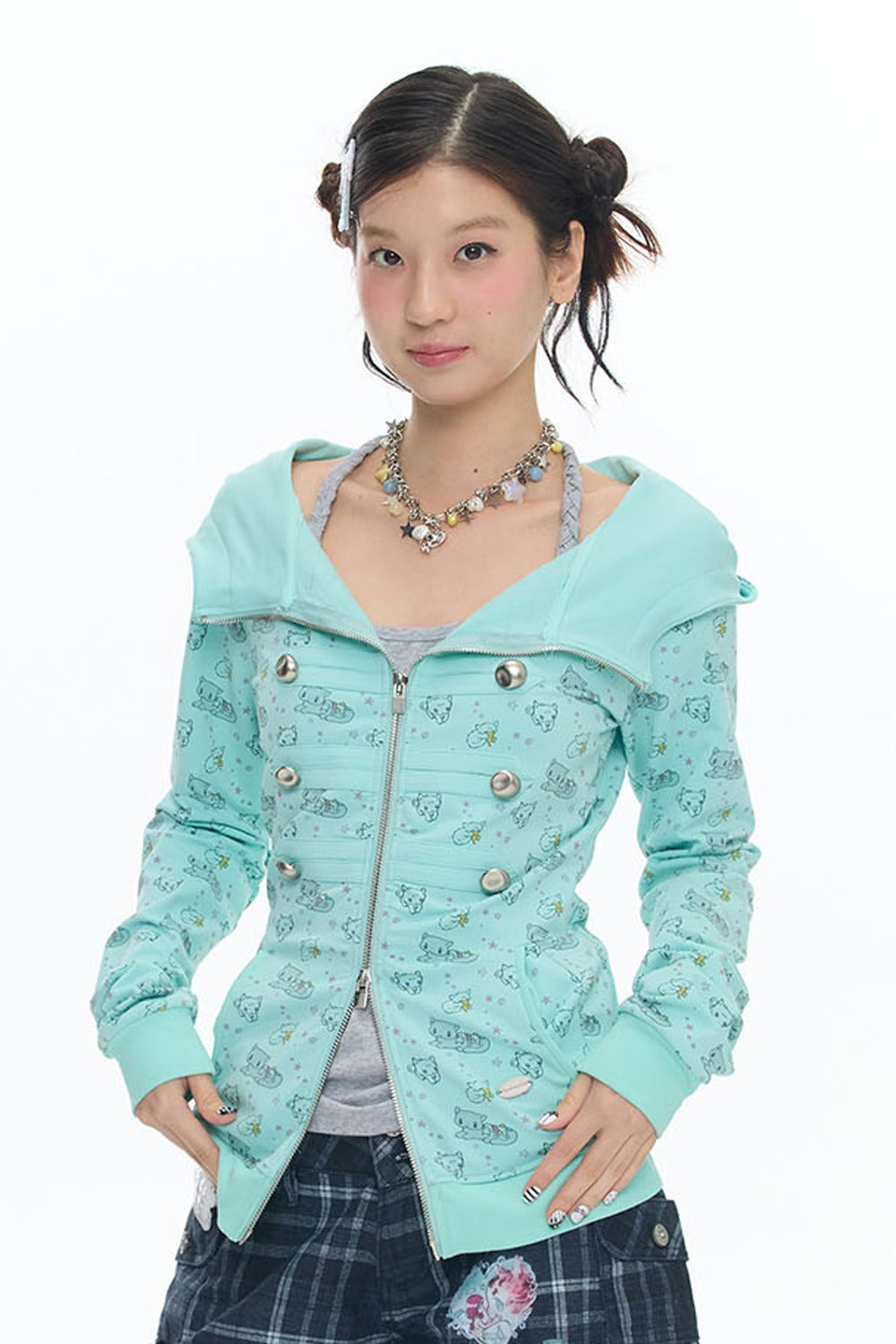 Mint Green Frog Double-Breasted Zipper Jacket