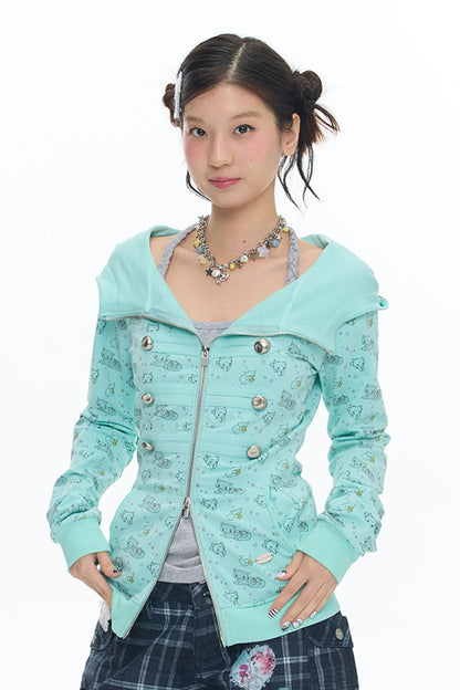 Mint Green Frog Double-Breasted Zipper Jacket
