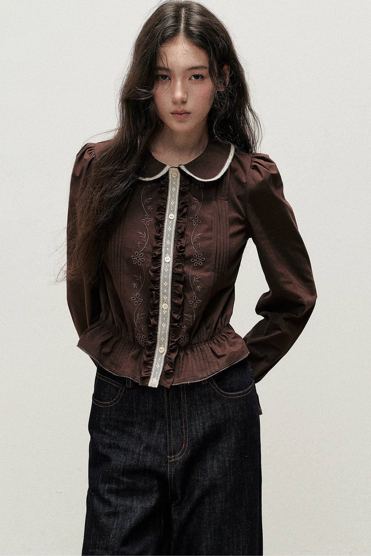 Brown Cotton Linen Lace Trim Shirt