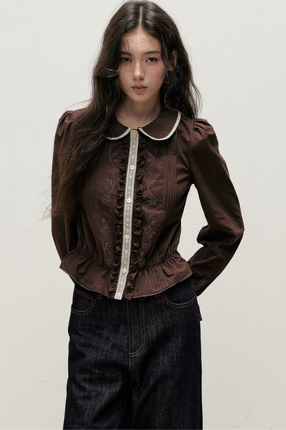Brown Cotton Linen Lace Trim Shirt