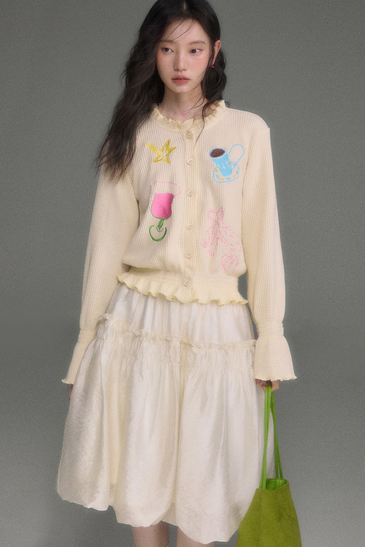 Hand-Painted Embroidered Bell-Sleeve Knit Cardigan