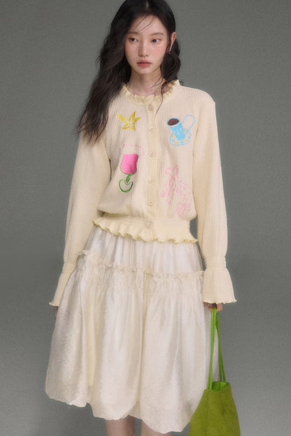 Hand-Painted Embroidered Bell-Sleeve Knit Cardigan