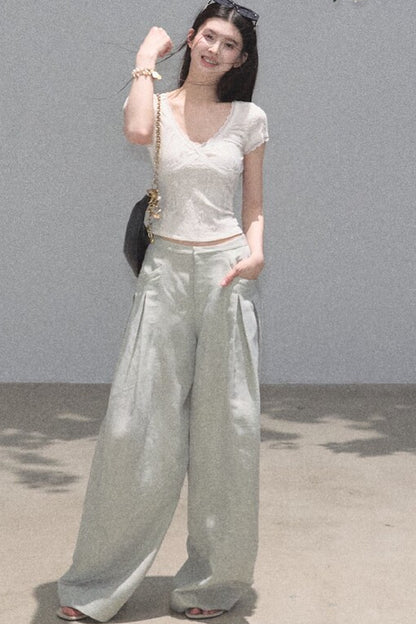 Goldene weite Seiden-Leinen-Hose