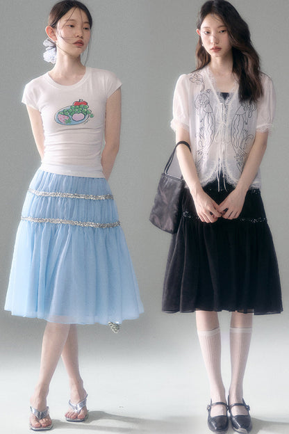 Pearlescent Mesh Sequin A-Line Skirt