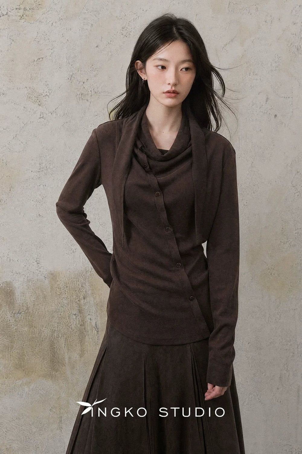 Asymmetrical Collar Coffee T-Shirt