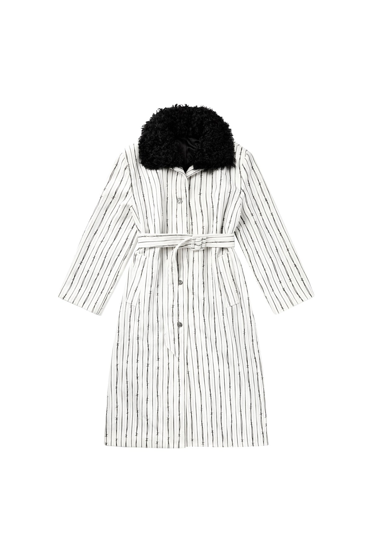 Patchwork Stripe Fur Collar Coat