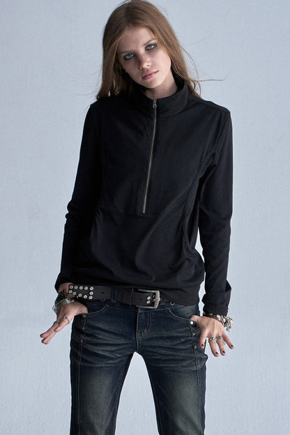 Black Long-Sleeve Zipper Print T-Shirt