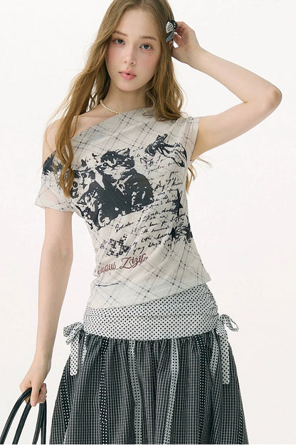Cat Plaid Mesh Off-Shoulder T-Shirt