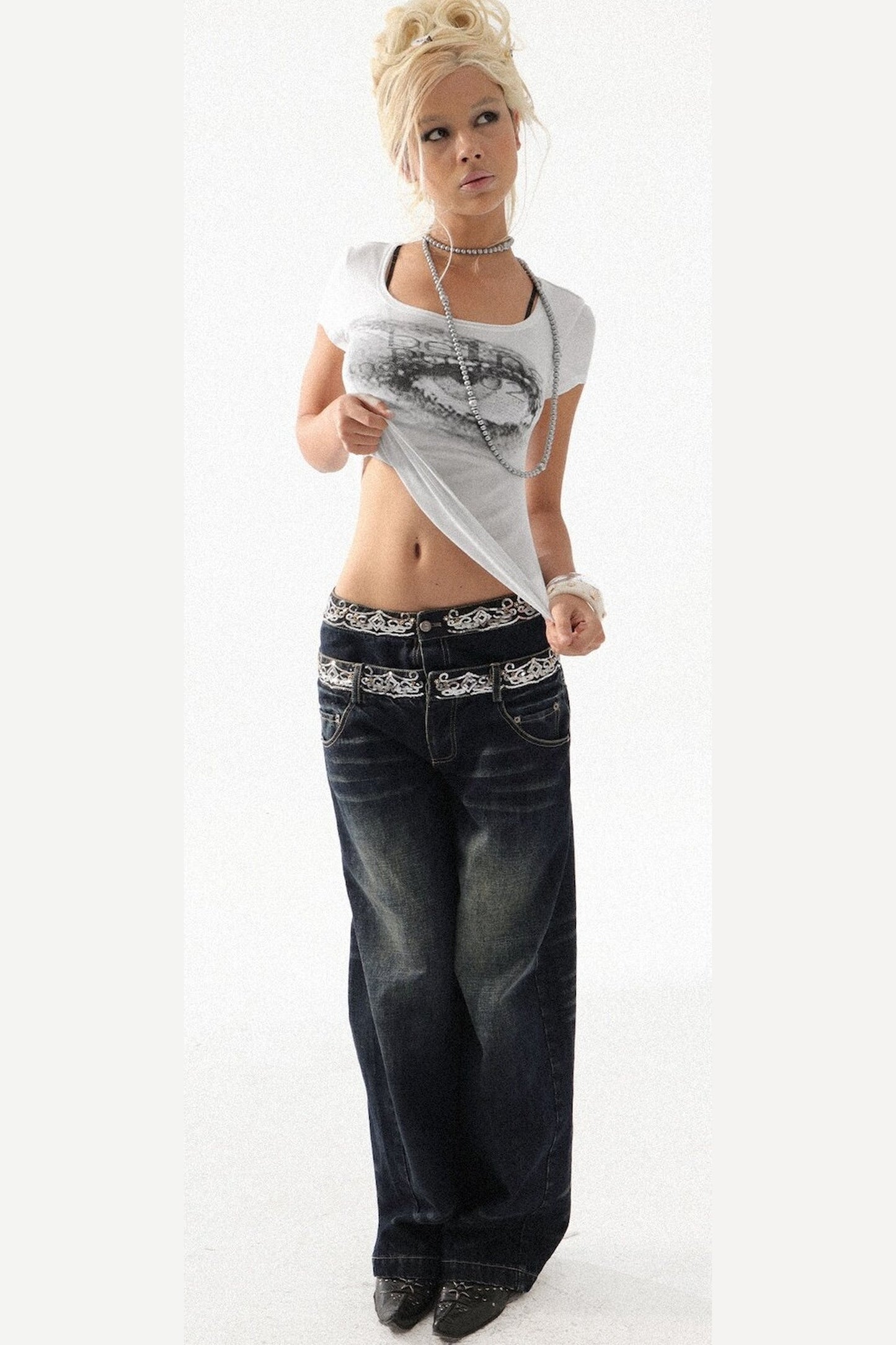 Scimitar-Cut Sequin Distressed Jeans