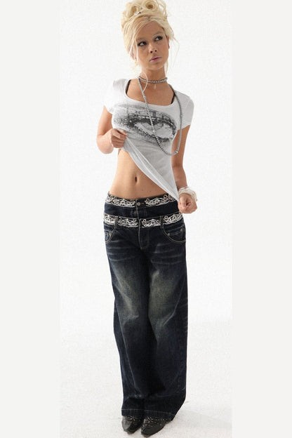 Scimitar-Cut Sequin Distressed Jeans