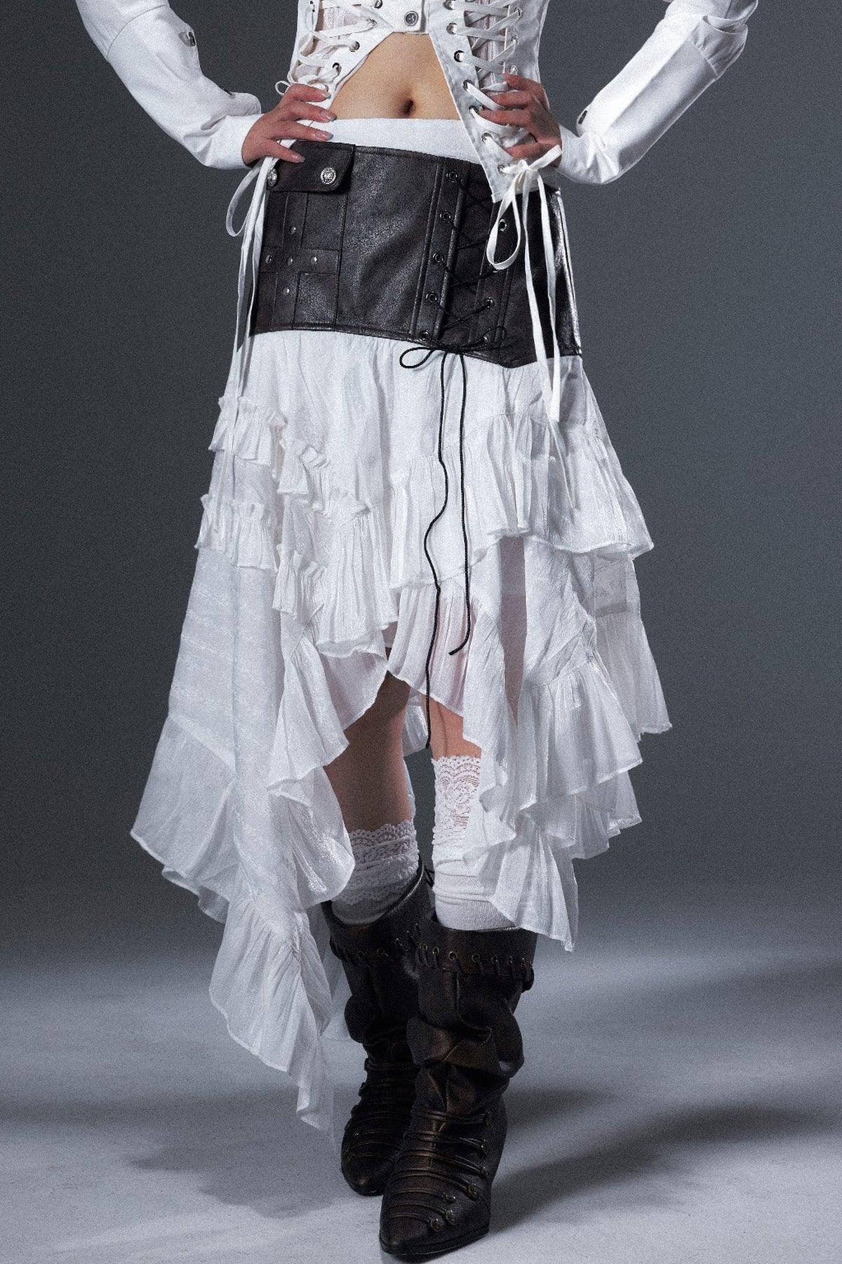 Irregular Ruffle Lace-Up Leather A-Line Skirt