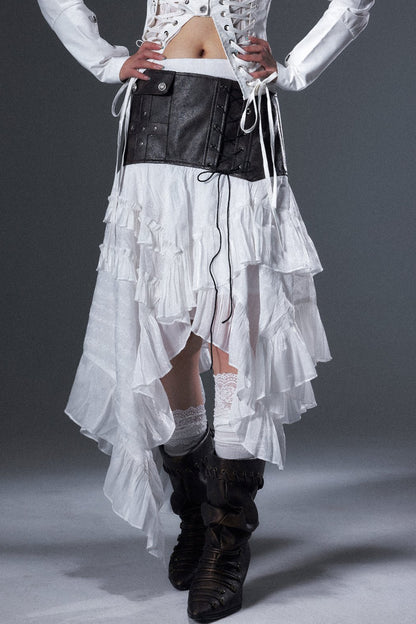 Irregular Ruffle Lace-Up Leather A-Line Skirt