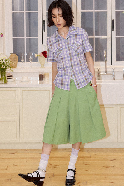 Color-Block Pocket Plaid Blouse
