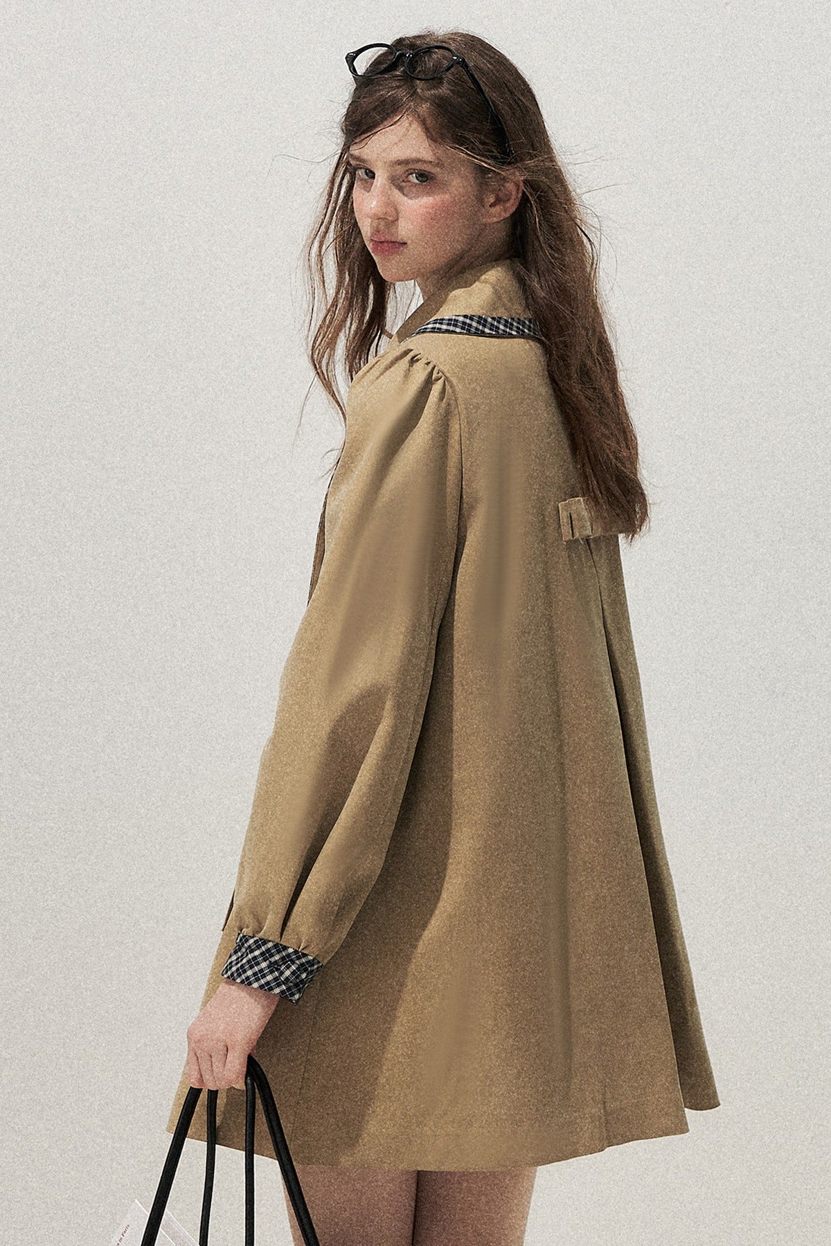 Doll Collar Double-Breasted Plaid Trench Coat