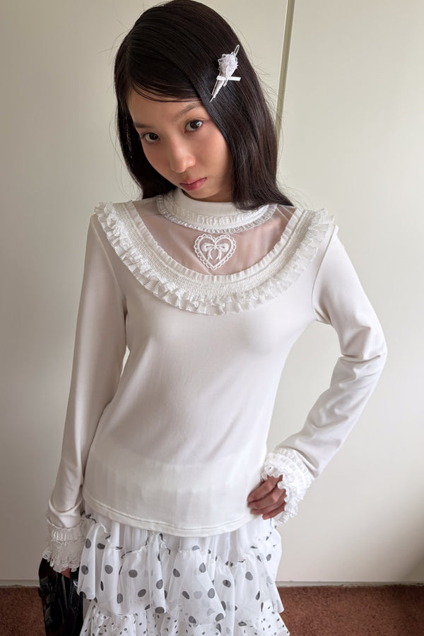 Embroidered Mesh Lace Collar T-Shirt