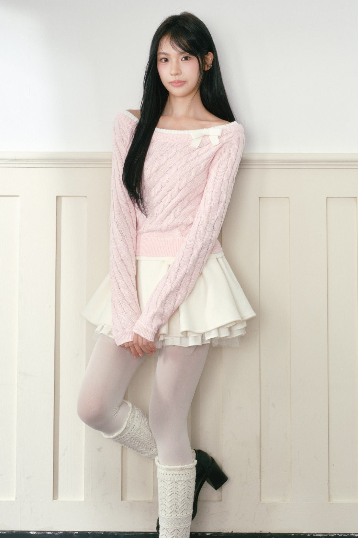 Pink Bow Cable-Knit Off-Shoulder Sweater