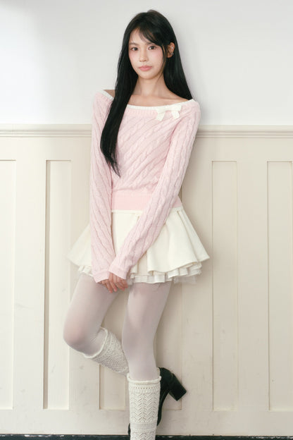Pink Bow Cable-Knit Off-Shoulder Sweater