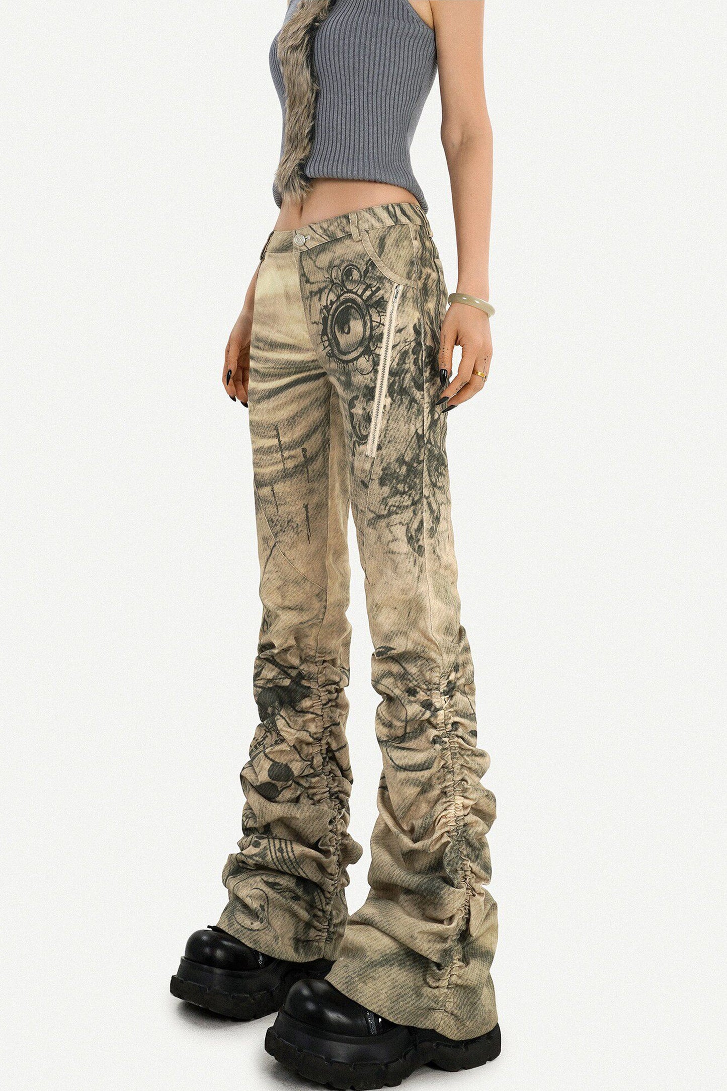 Retro Ink Print Flared Pants