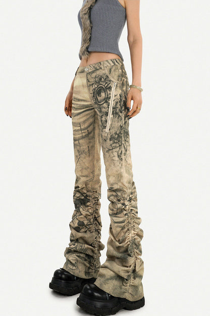 Retro Ink Print Flared Pants