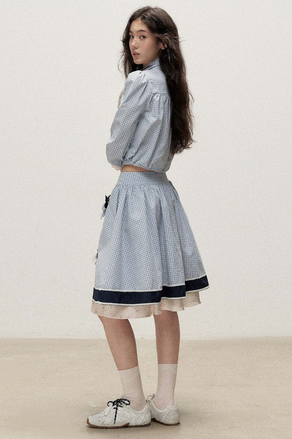 Plaid Contrast Ribbon Shirt and Skirt Set-Up