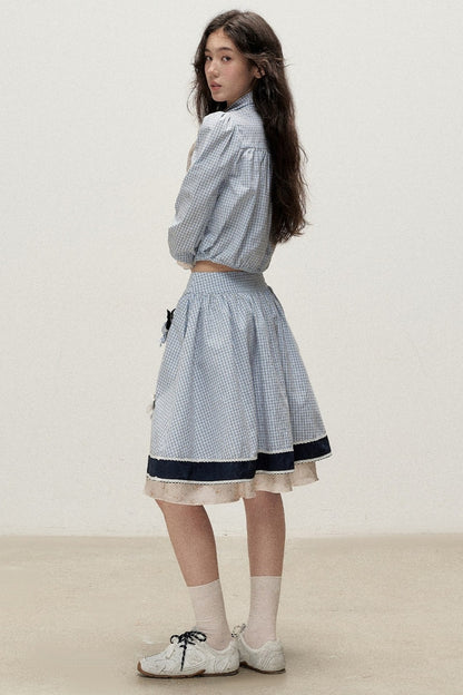 Plaid Contrast Ribbon Shirt and Skirt Set-Up