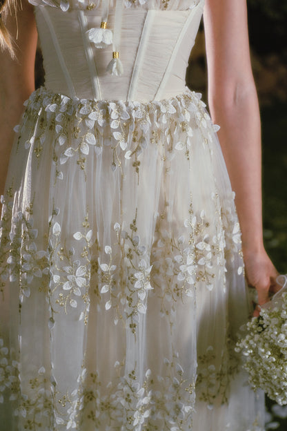 Embroidery Fishbone Strap Long Dress