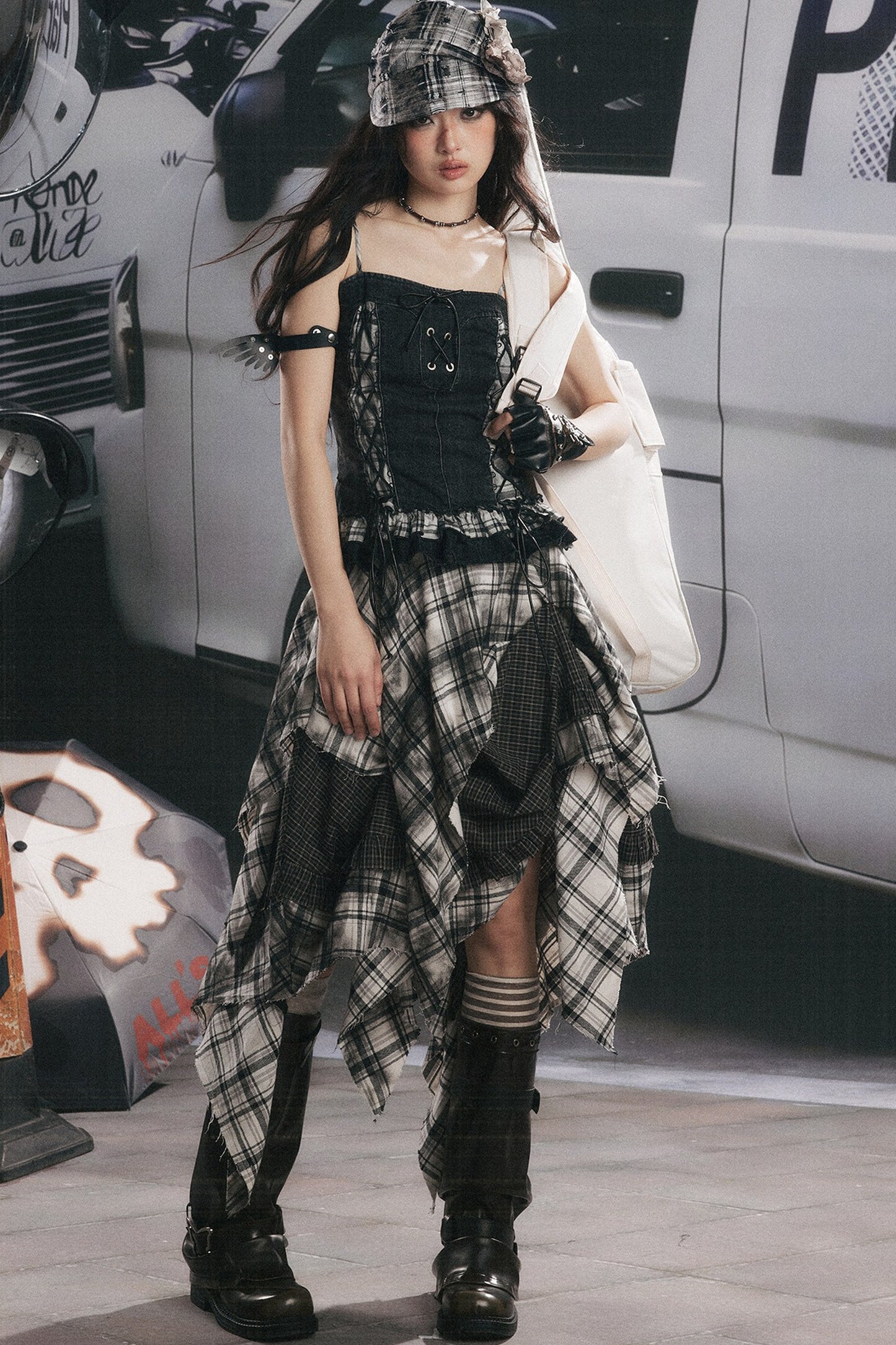 Plaid Splicing Ruffled Denim Camisole Top