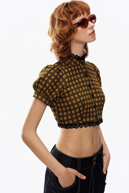 Yellow and Black Plaid Puff Sleeve Top