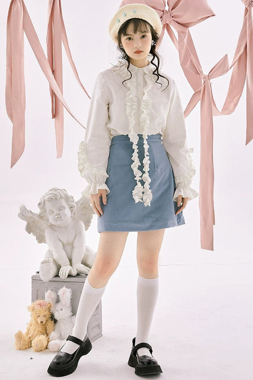 Blue Quilted Velvet A-Line Skirt