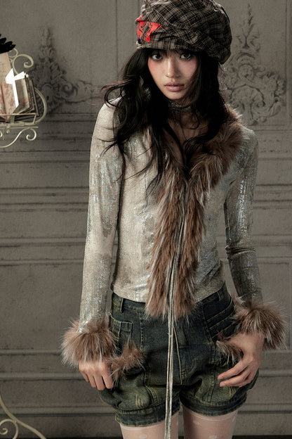 Fur Collar V-Neck Long-Sleeve T-Shirt
