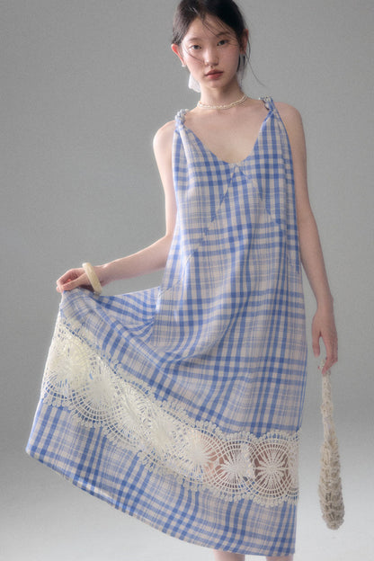 Blue White Plaid Lace Slip Dress