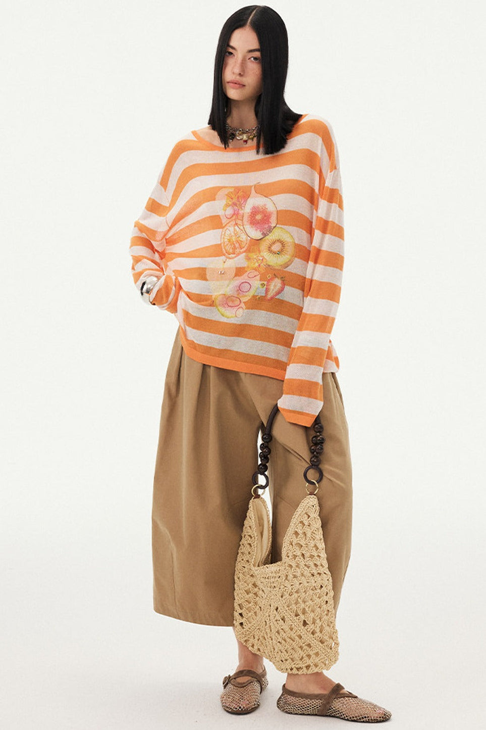 Gestreifte Bluse mit Fruchtprint und asymmetrischer Schulter