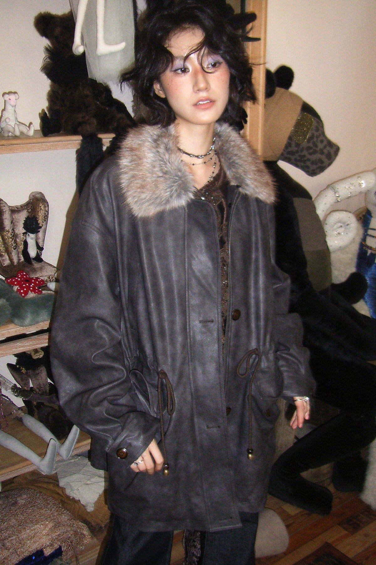 Fleece-Lined Detachable Fur Collar Leather Jacket