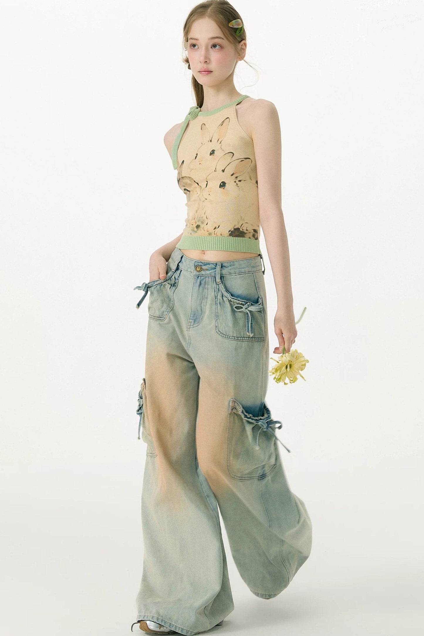 High-Waisted Bow-Knot Wide-Leg Denim Pants