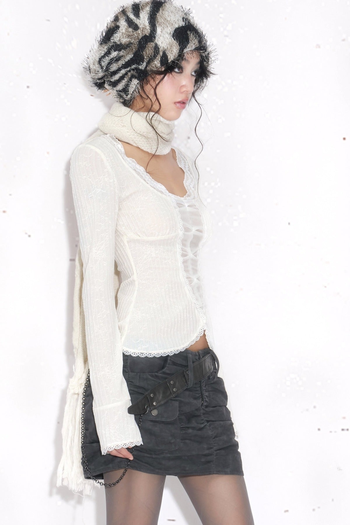 Ruched Pleated Belt Chain Skirt