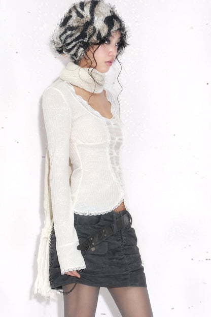 Ruched Pleated Belt Chain Skirt