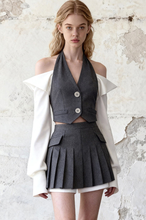 Halter Vest and Pleated Skirt Set