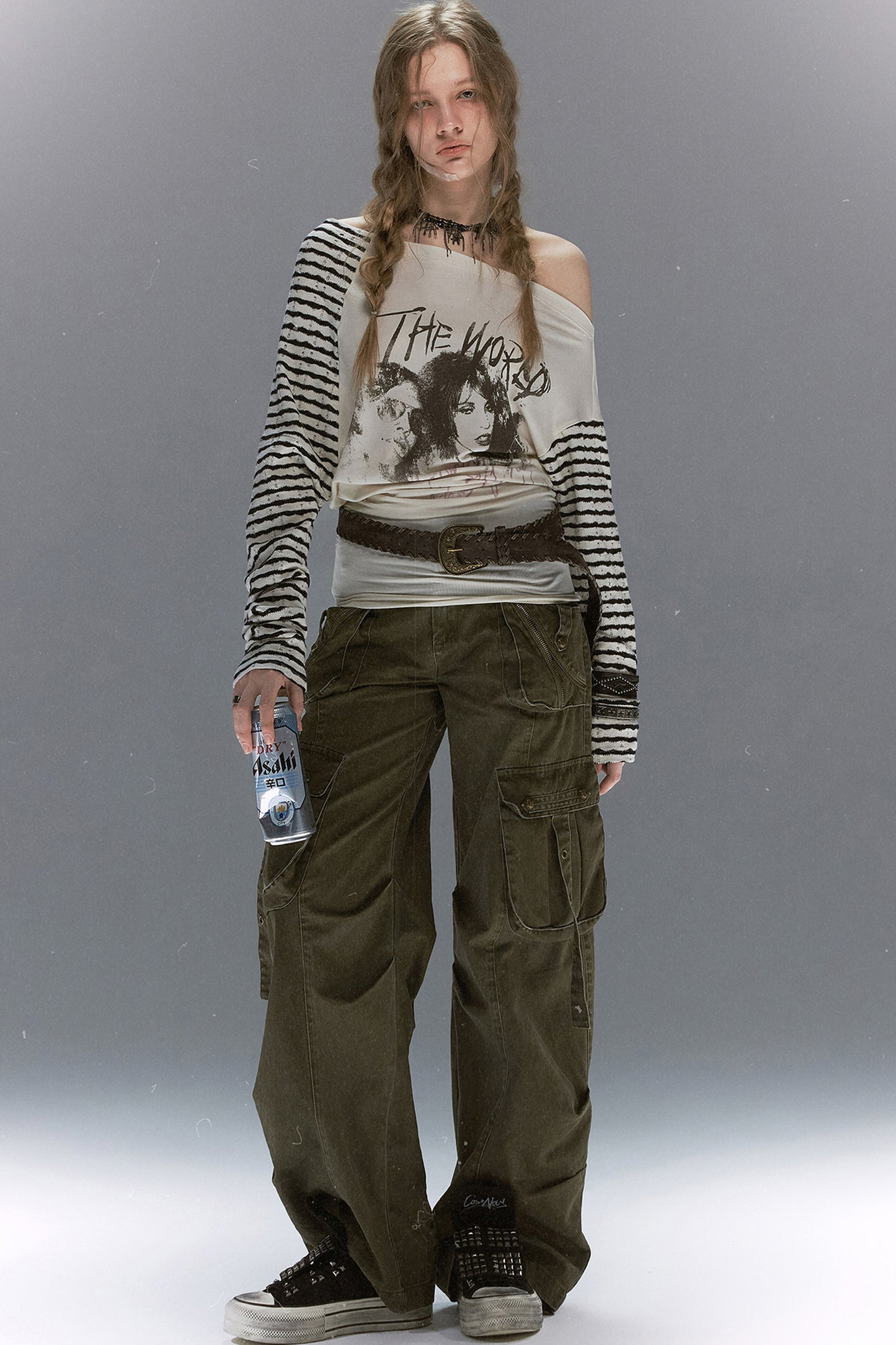 Punk Band Print Patchwork Striped Top