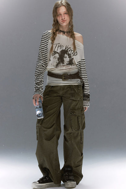 Punk Band Print Patchwork Striped Top