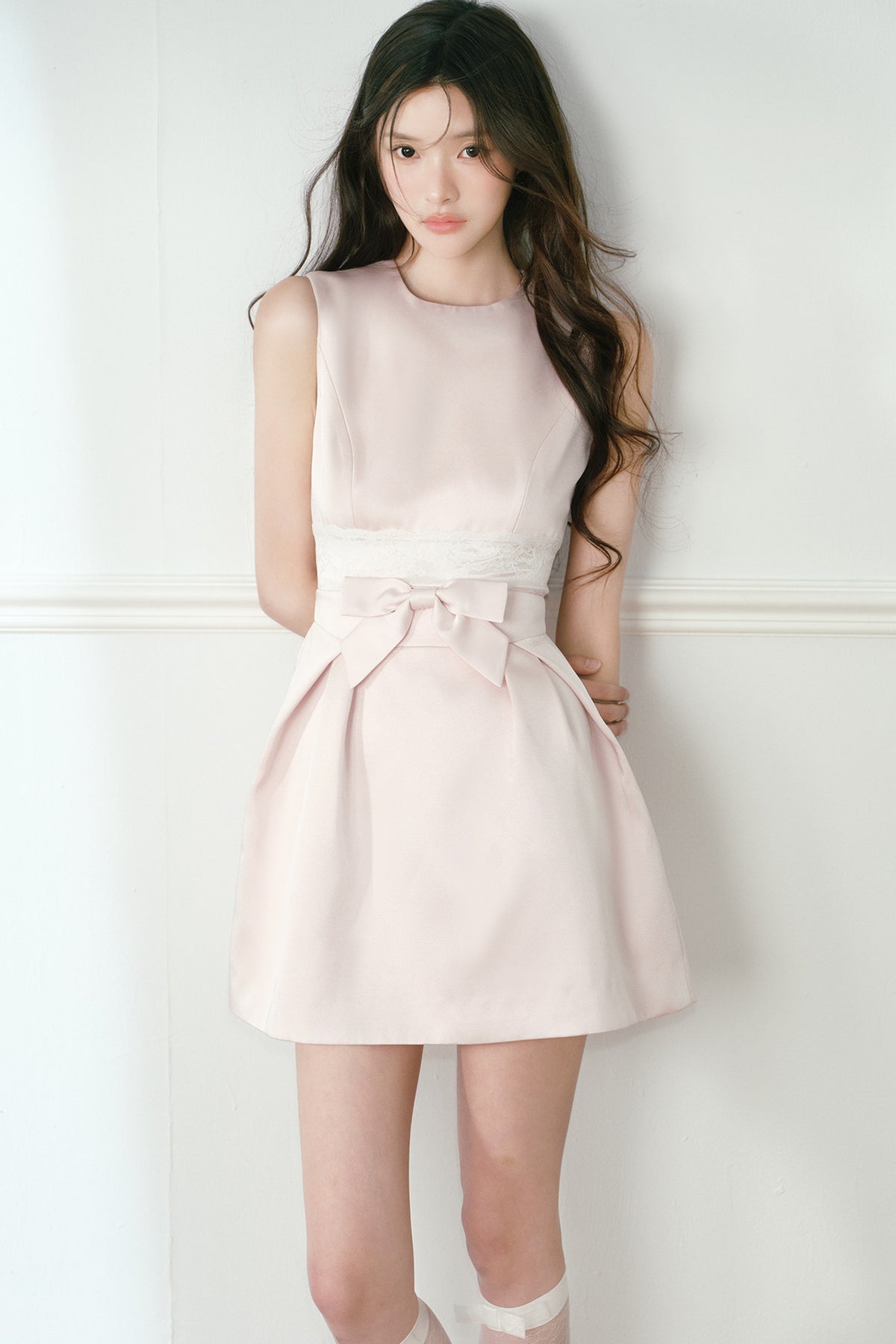 Pink Satin Bow Sleeveless Dress