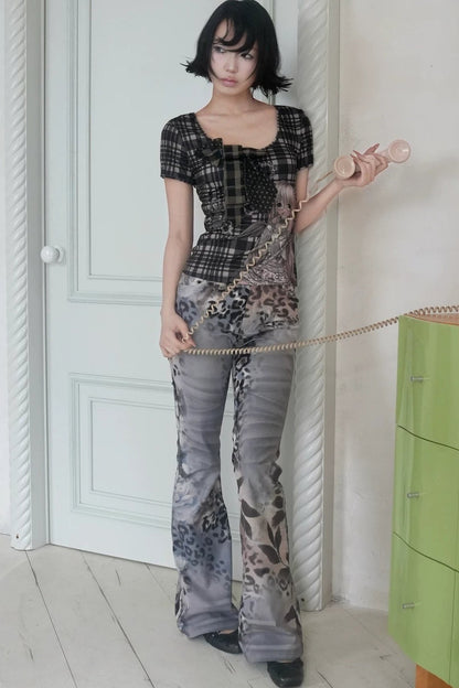 Retro Leopard Floral Flare Pants